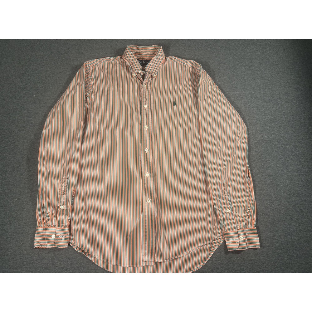 Vintage Polo Ralph Lauren Orange Striped Button Up Shirt Mens Medium Long Sleeve